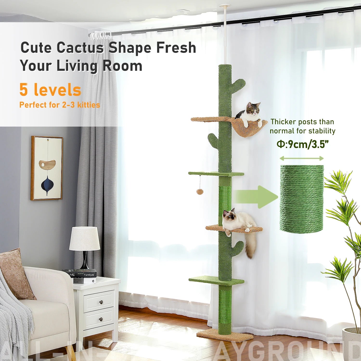 Cat Tree 5-Tier Floor to Ceiling Tower Cactus with Scratching Post, Hammock, Dangling Ball for Indoor