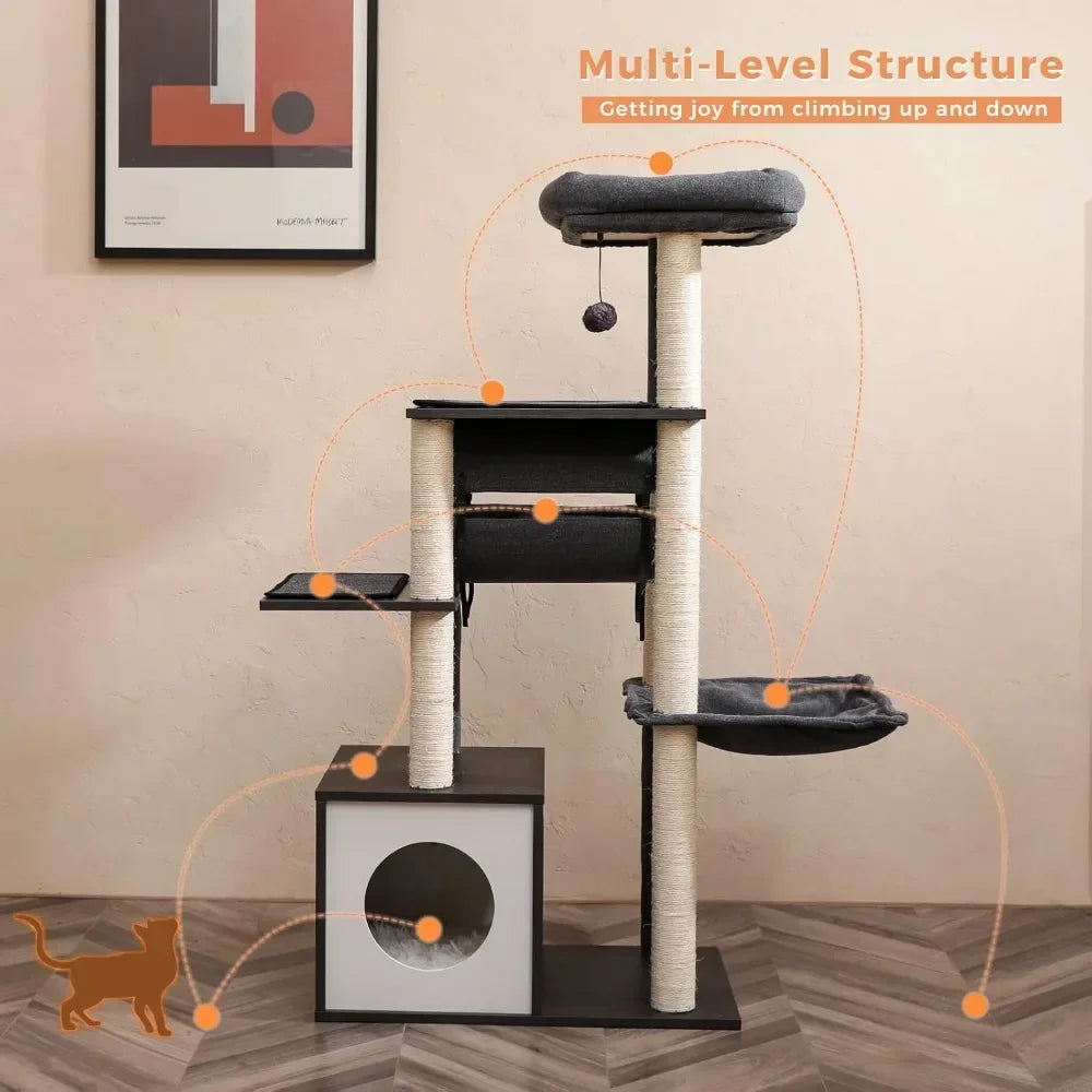 Modern Cat Tree Wooden with Fully Sisal Covered Scratching Posts, Cozy Condo, Spacious Perch