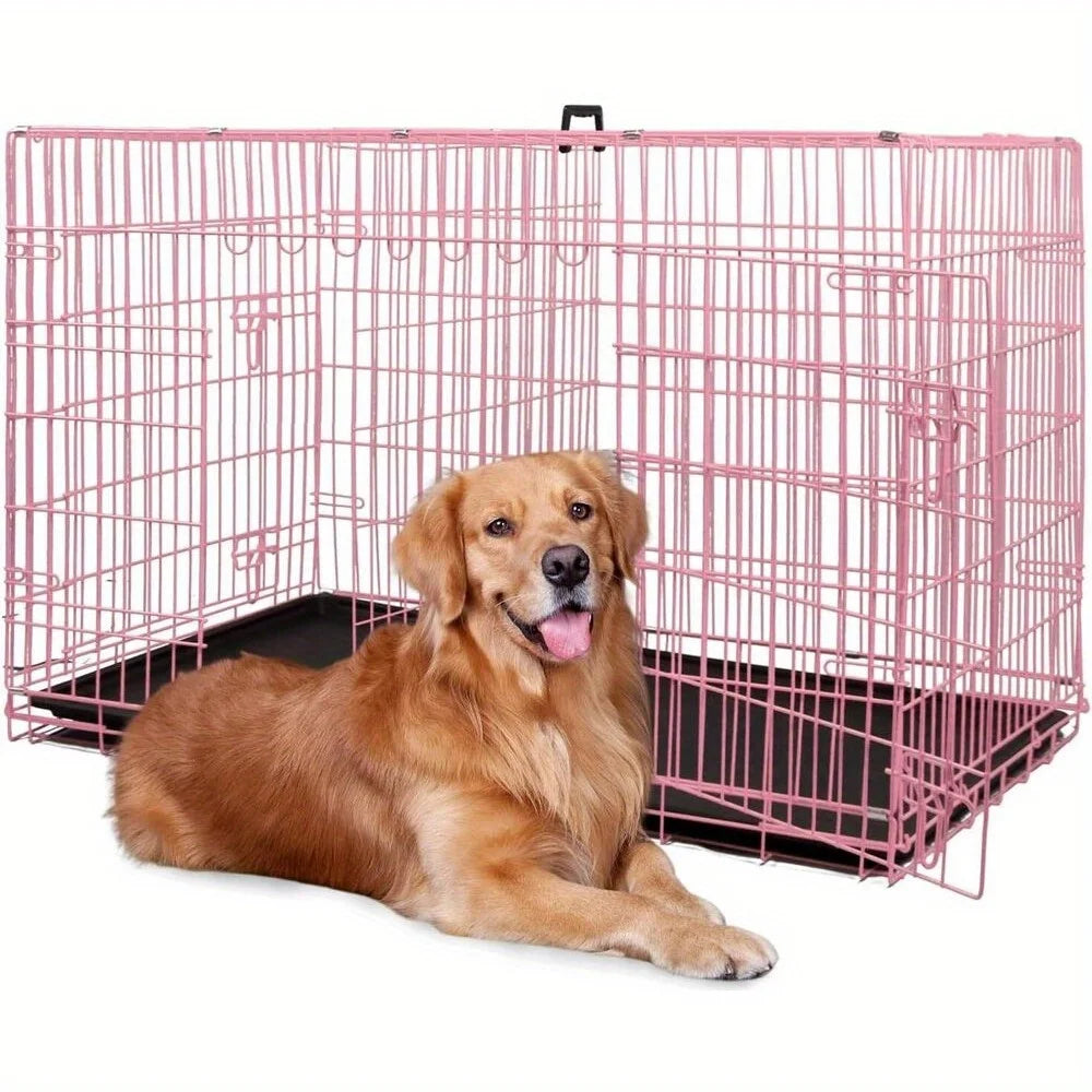 Folding wire kennel for large dog with double doors, rounded corners crate for safety