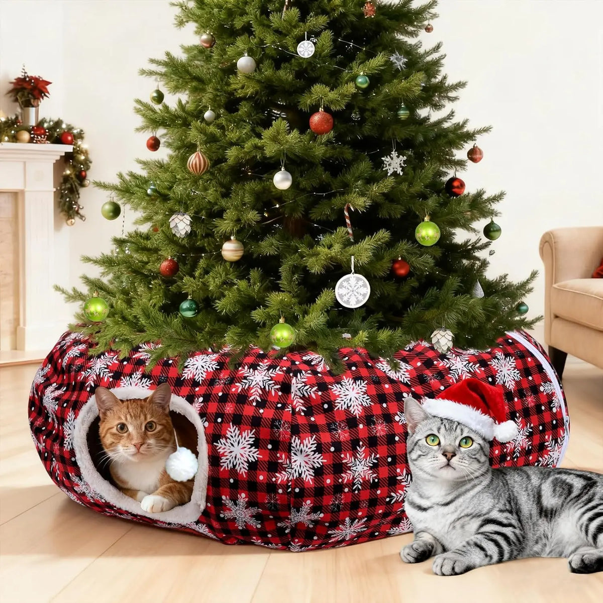 Christmas Cat Tunnel Tree Skirt – Flannel Donut Bed with Cushion & Toy, Peekaboo Cat Cave