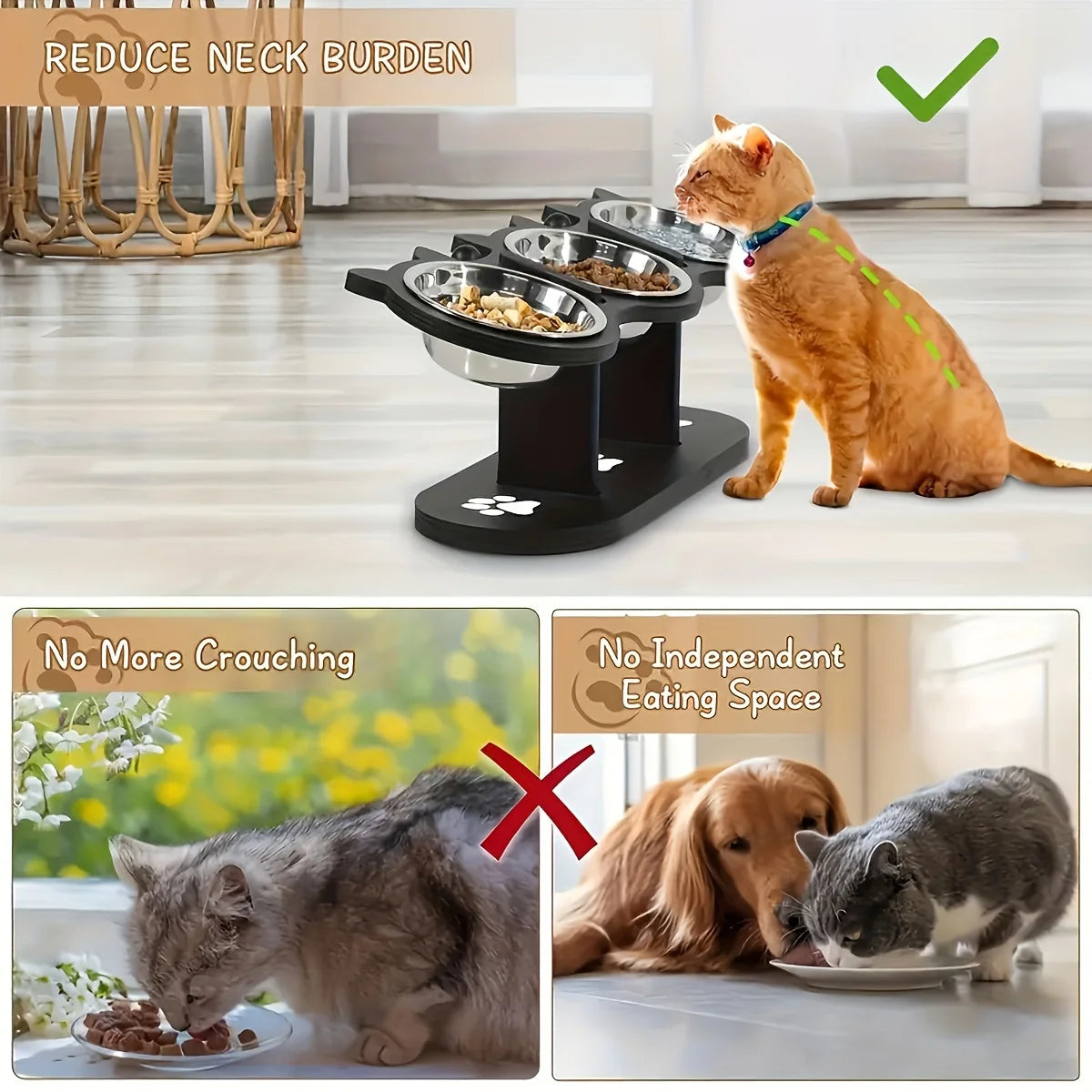 3 Bowls in 1 Cat Feeder, Feeding & Watering Bowl 15-Degree Tilt, Raised Stainless Steel Bowls Wood Brackets