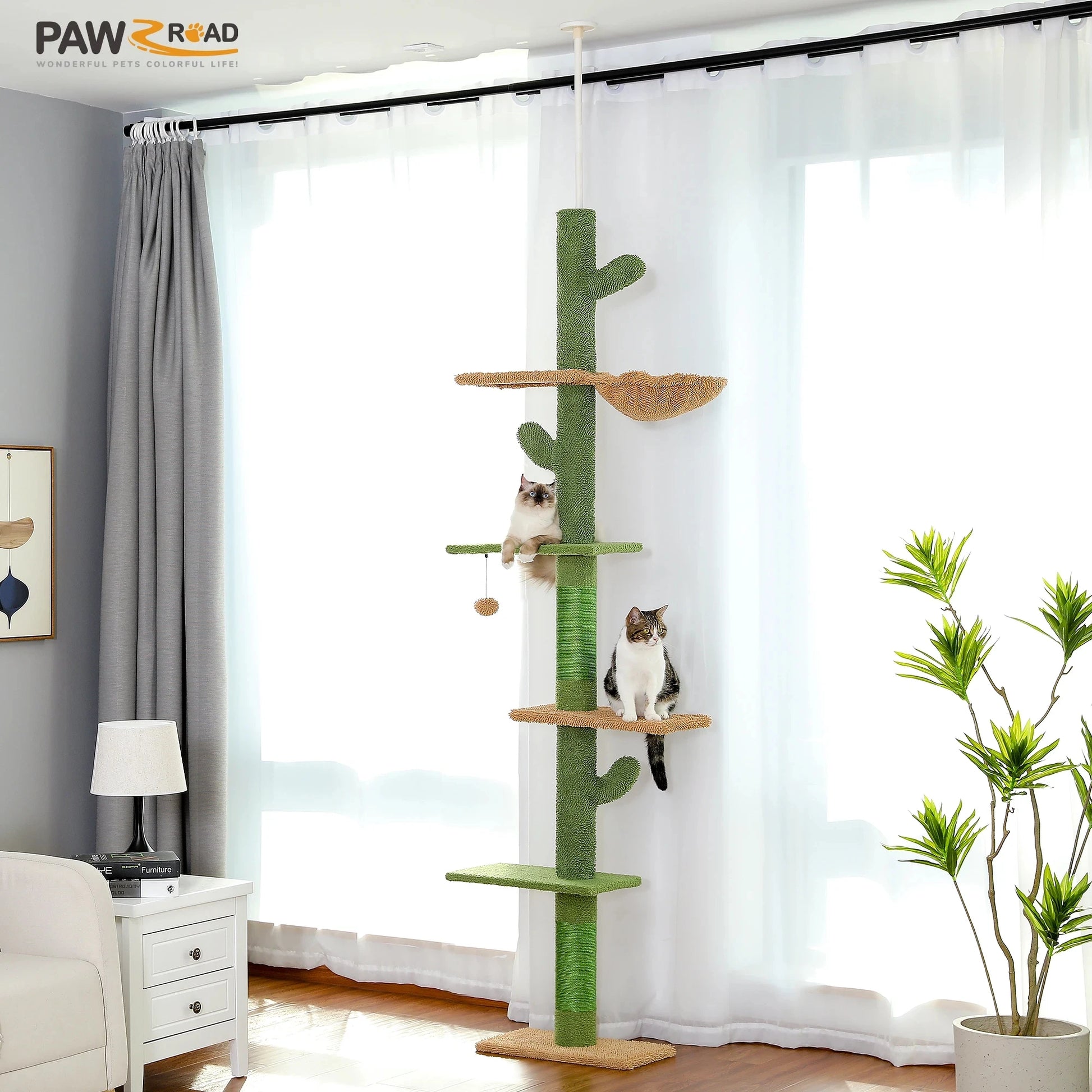 Cat Tree 5-Tier Floor to Ceiling Tower Cactus with Scratching Post, Hammock, Dangling Ball for Indoor