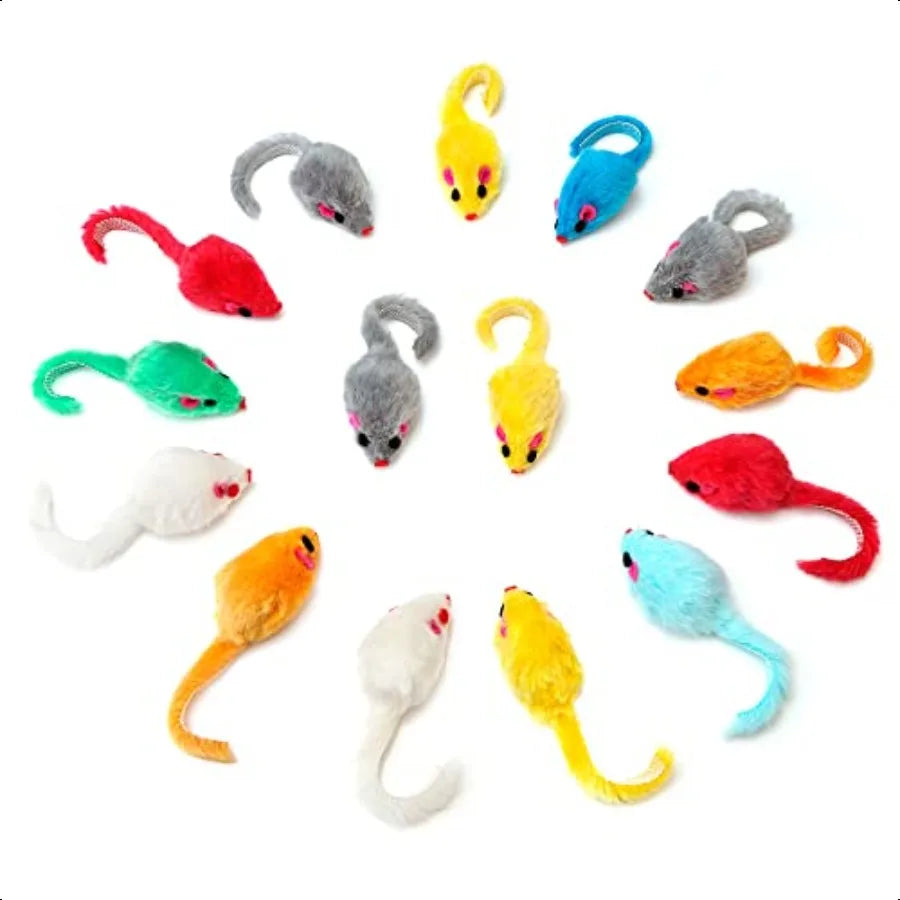 60PCS 4.1'' Furry Cat Toy Mice Rattle Small Mouse Interactive Play Assorted Color