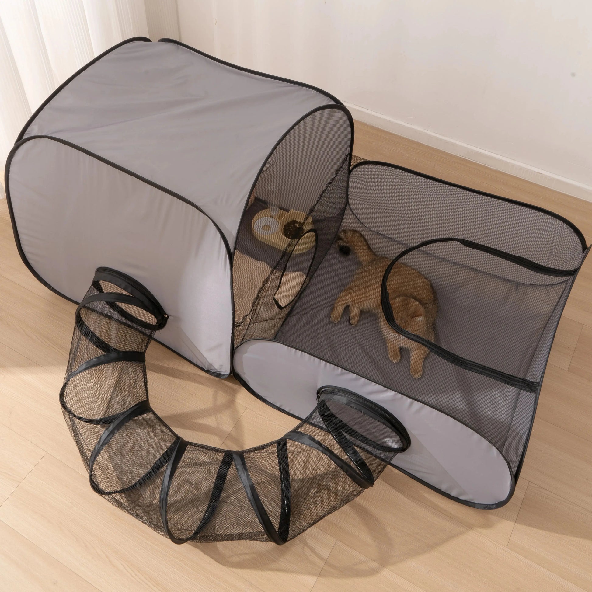 Foldable Square Gray Pet Nest, Hard Oxford Cloth with a Play Tunnel