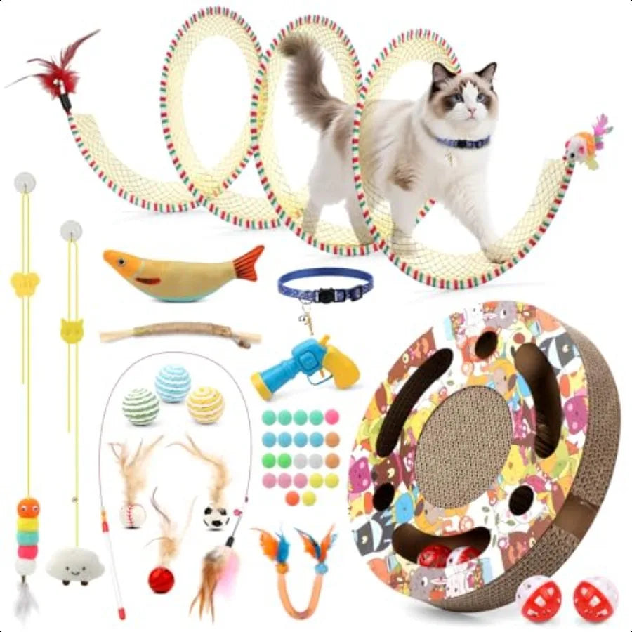 40 Pieces Cat Toys with Interactive Cat Tunnel Scratcher, Feather Wand, Plush Ball Toy, Cat Collar. Catnip Toy