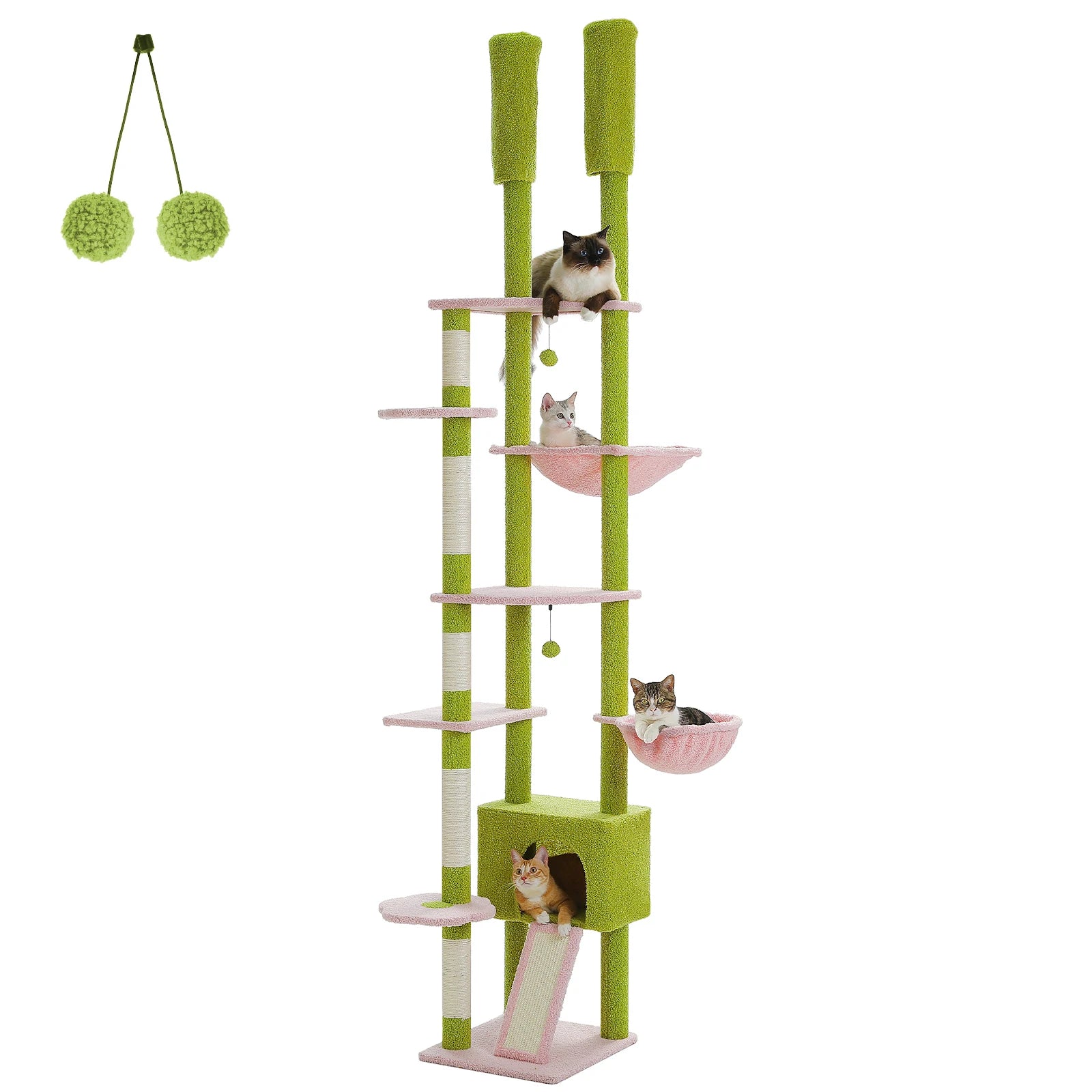 Cactus Cat Tree Floor to Ceiling Tower Adjustable Height with Cozy Condo, Hammock and Scratching Post