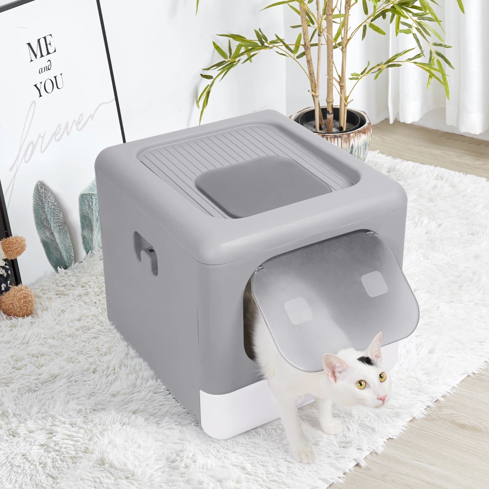 Cat Litter Box with Scoop and Tray Sifting Enclosed, Foldable, Top & Front Entry