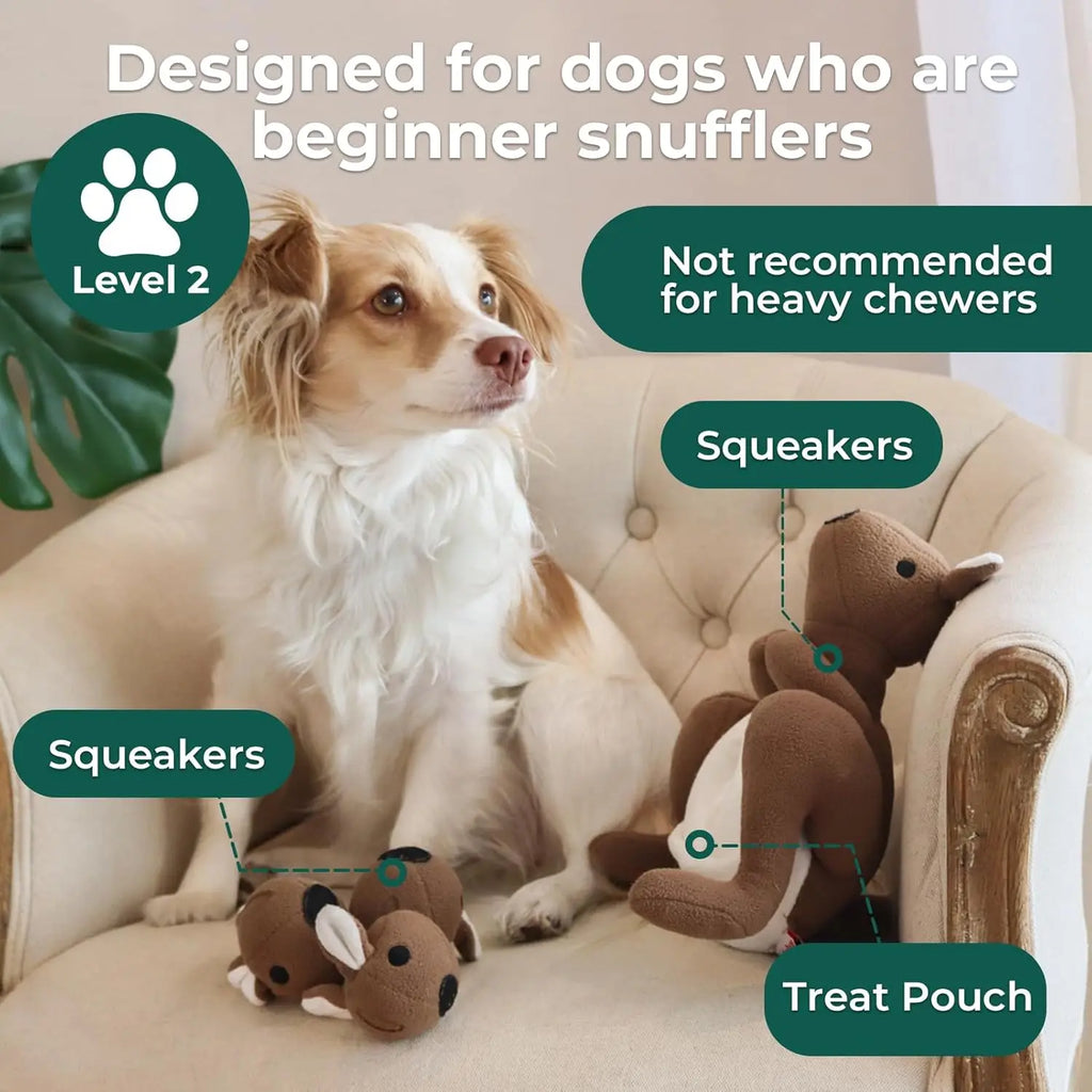 Interactive Kangaroo Plush Dog Toy with Squeaker & Treat Pouch - Snuffle Enrichment Puzzle for Small Medium Dogs