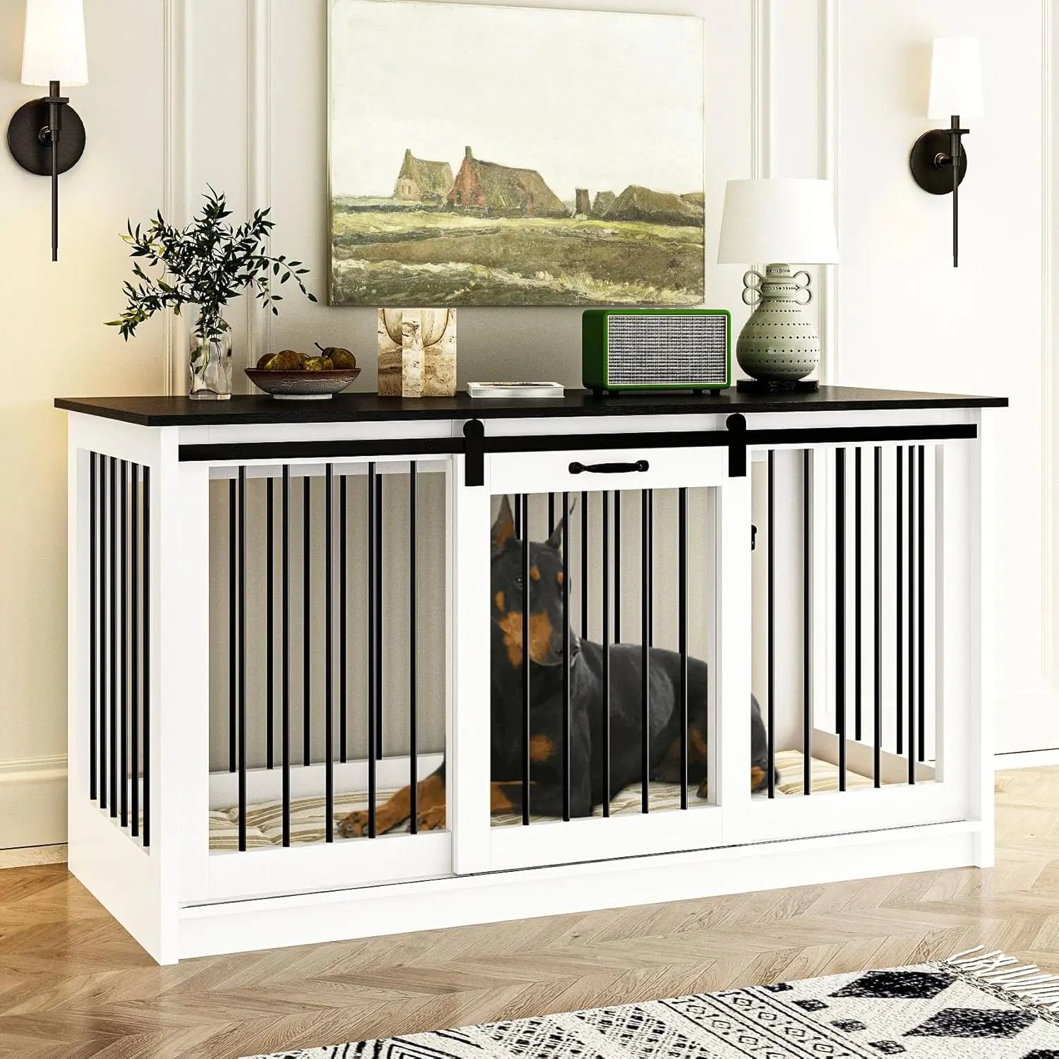 Extra Large Dog Crate Furniture, 55" Indoor Heavy Duty House with Sliding Doors, Furniture Style, Table Side