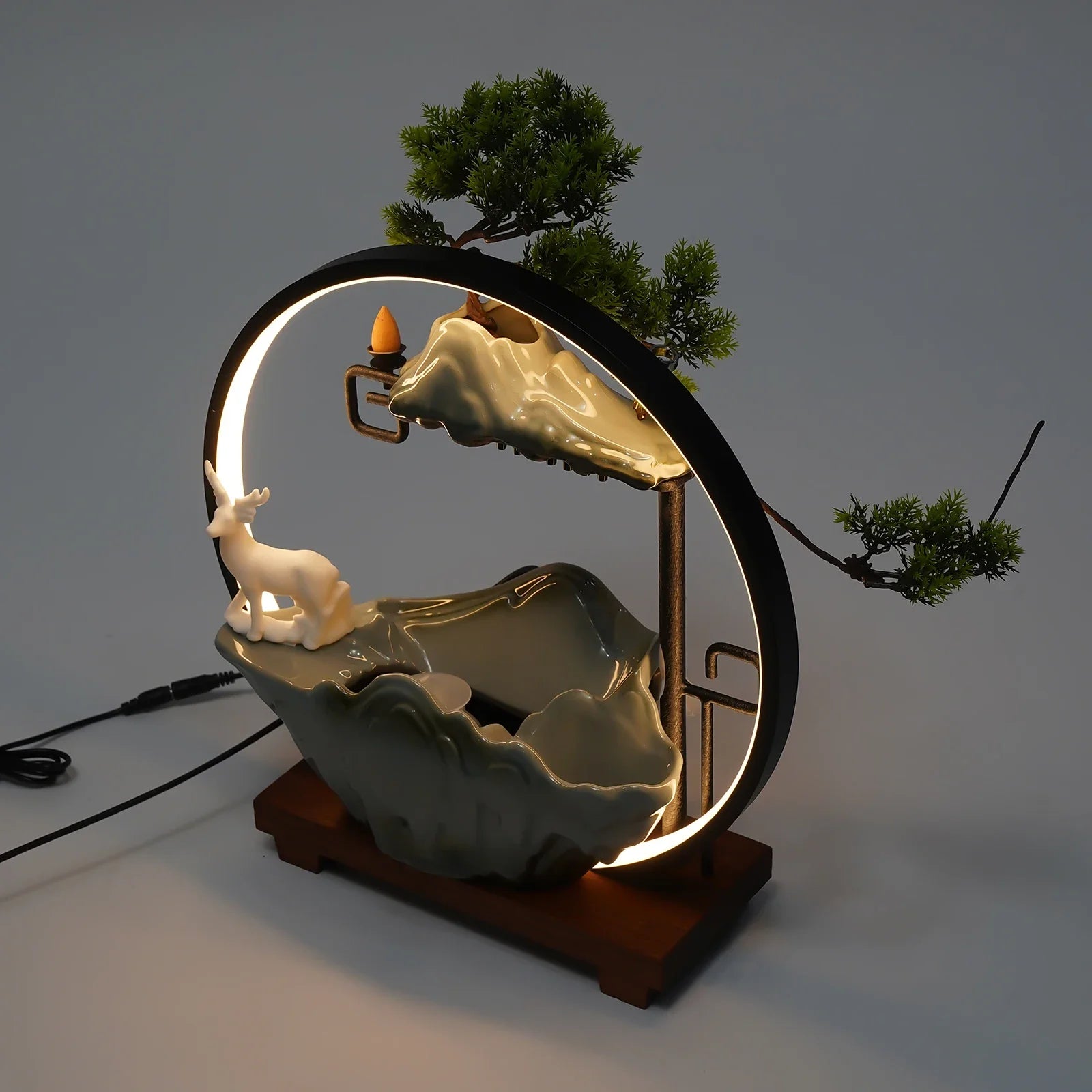 Tabletop Fountain with LED Light & Mist, Ceramic Waterfall with Deer, Vivid Plants & Animals