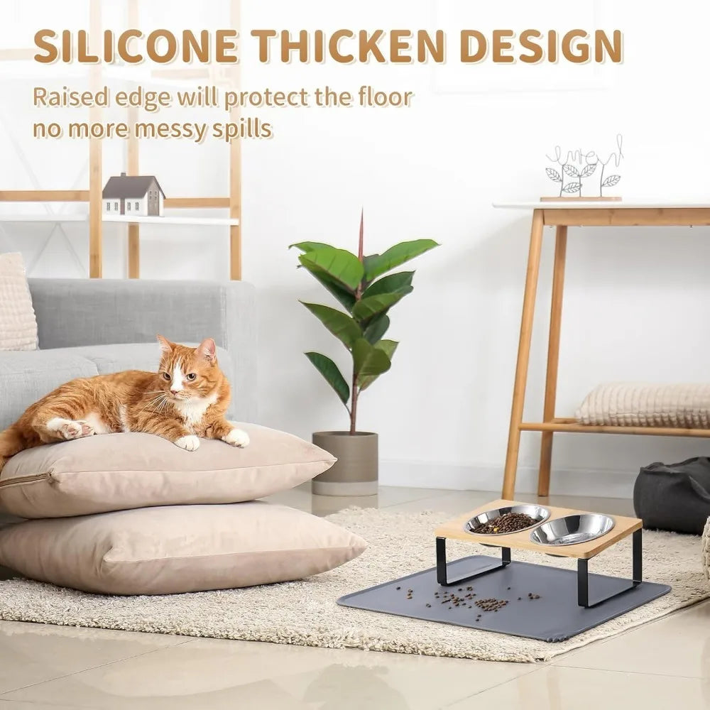 Upgraded Elevated Cat Bowls with Food Mat,15°Tilted Stand Anti Vomiting Raised Dishes for Food and Water,2 Stainless Steel B