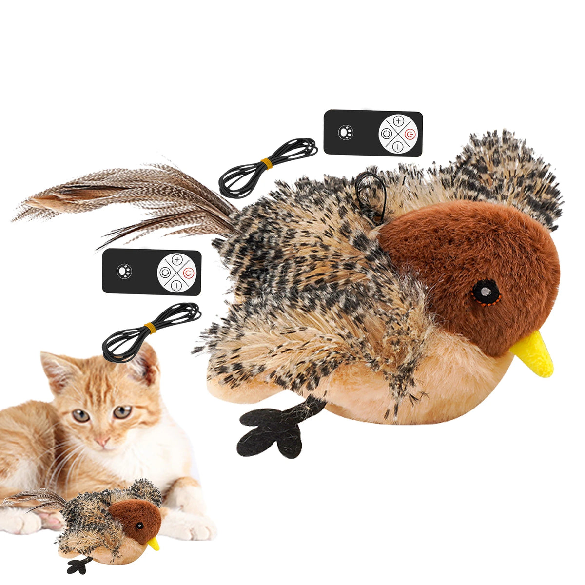 Remote Control Interactive Chirping Bird Toy, Plush Cat Toy with Feathers