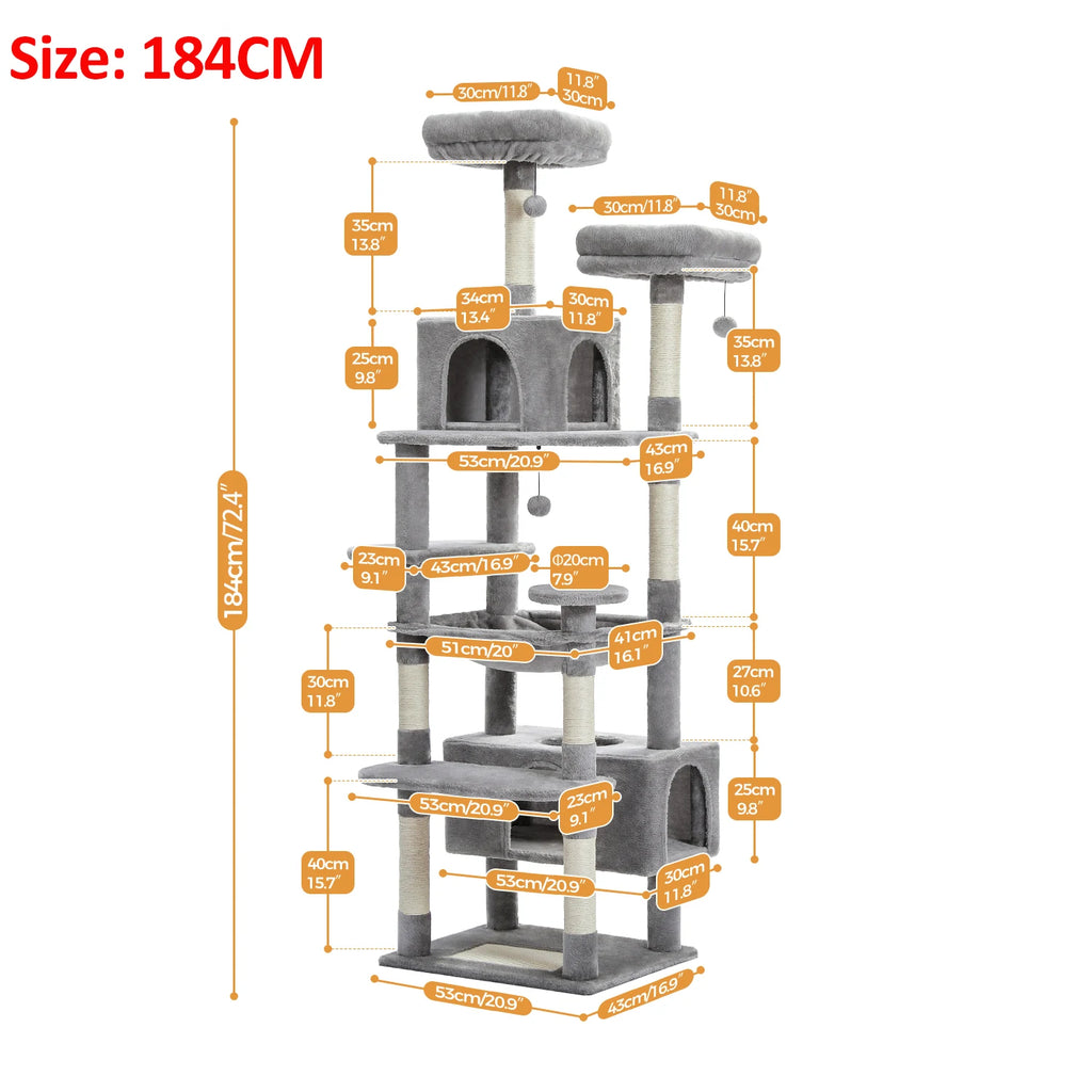 184cm Large Cat Tree Tower for Indoor with Scratching Posts, Hammock, Padded Perches and Condos