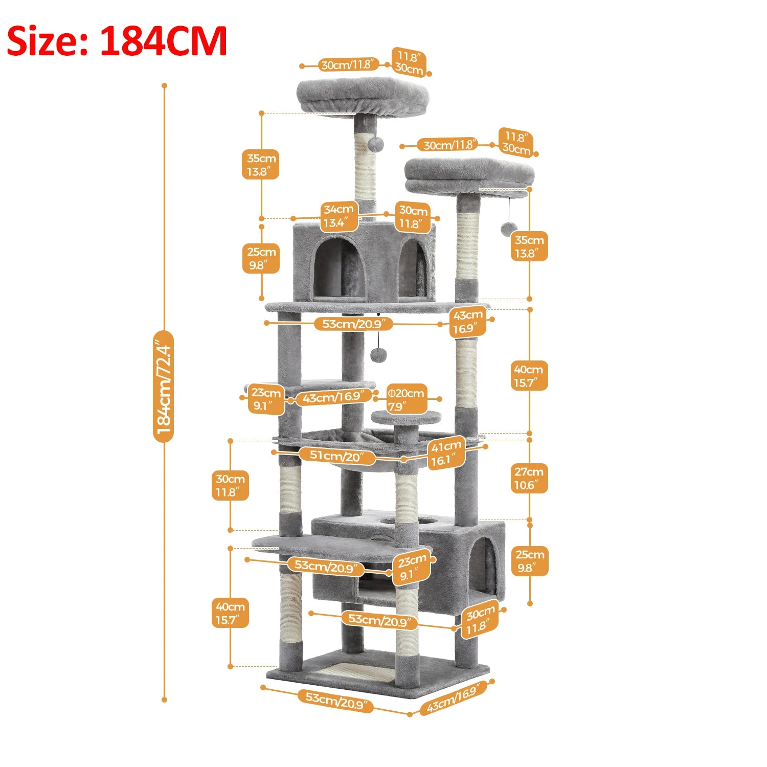 184cm Large Cat Tree Tower for Indoor with Scratching Posts, Hammock, Padded Perches and Condos