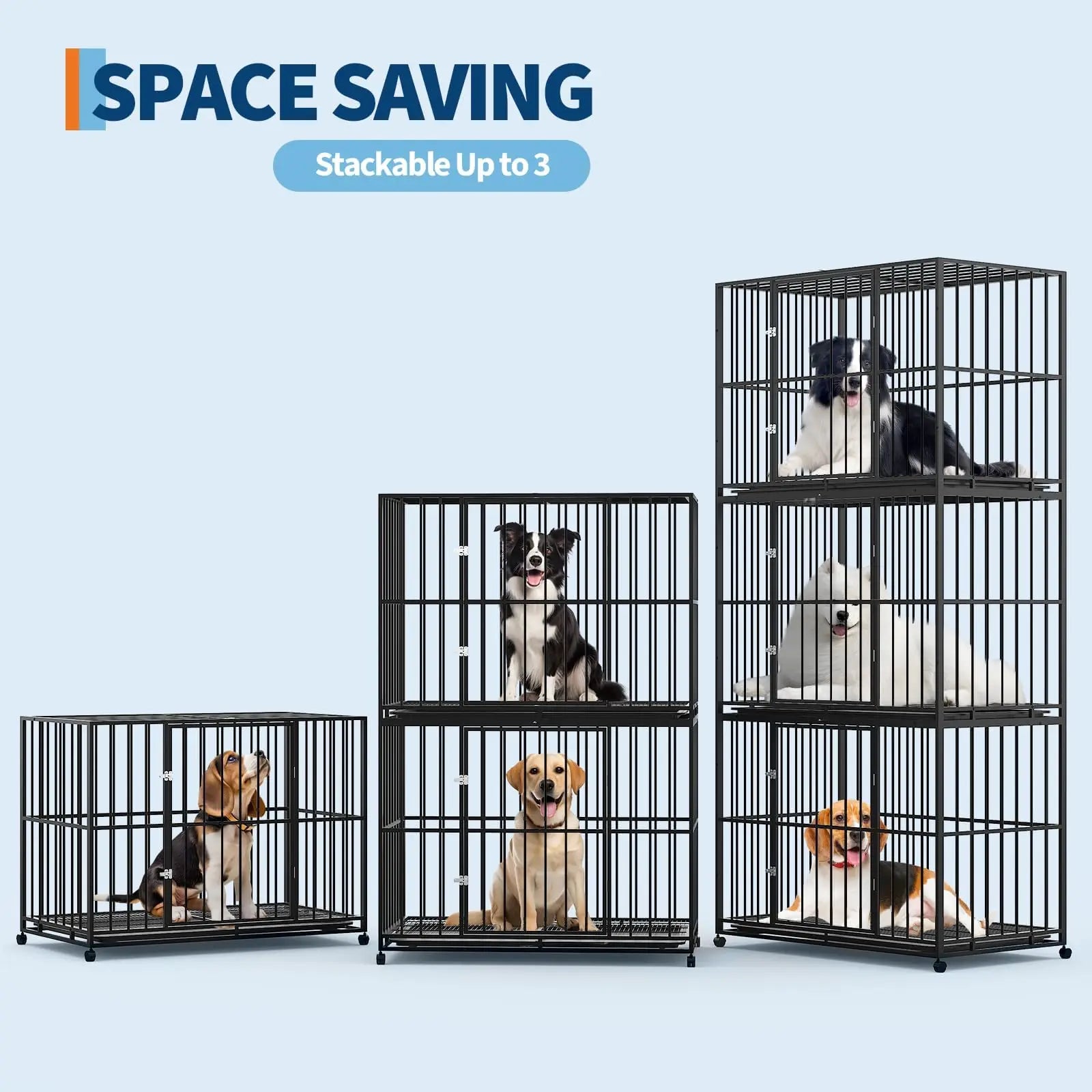 36/42/48 Inch Heavy Duty Stainless Steel Dog Crate Escape Proof, Indestructible With Wheels & Removable Tray