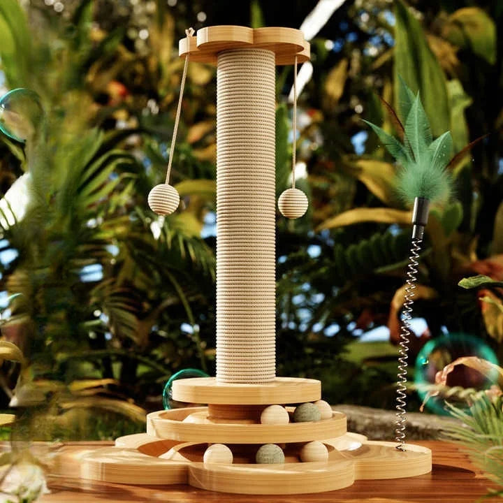 Sisal Cat Scratching Post 2-Layer Ball Track Toy with Teasing Wand and Hanging Toy Ball
