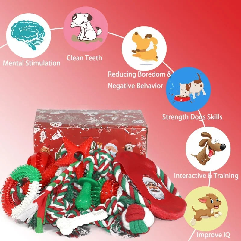 Christmas Dog Toys Bulk 15 Pack, Puppy Chew Toys for Teething Including Variety Tough Rubber and Rope Toys