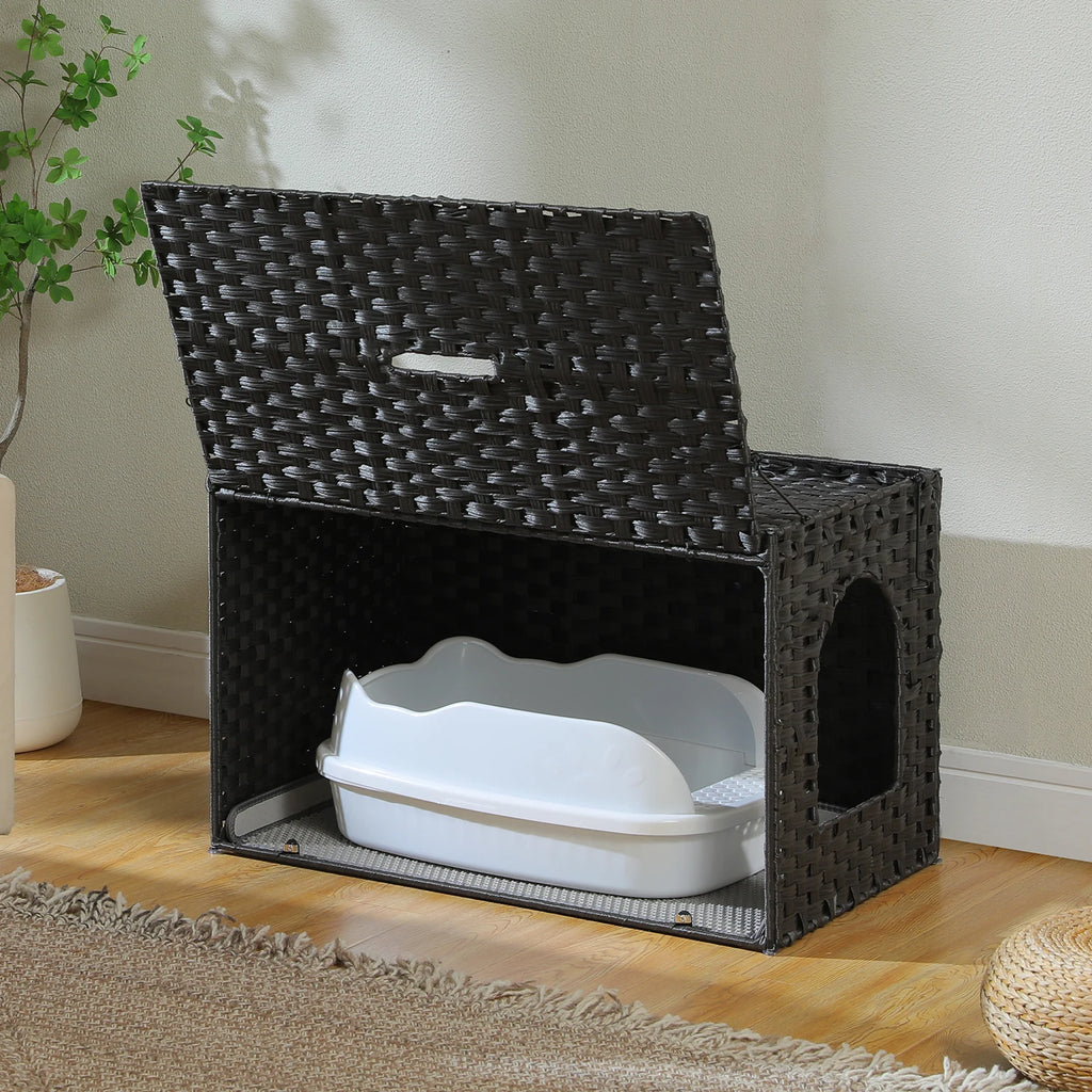 Rattan Cat Litter Box Enclosure Furniture with Door, Handwoven Hidden Litter Box, Odor Control, Cat House Bed