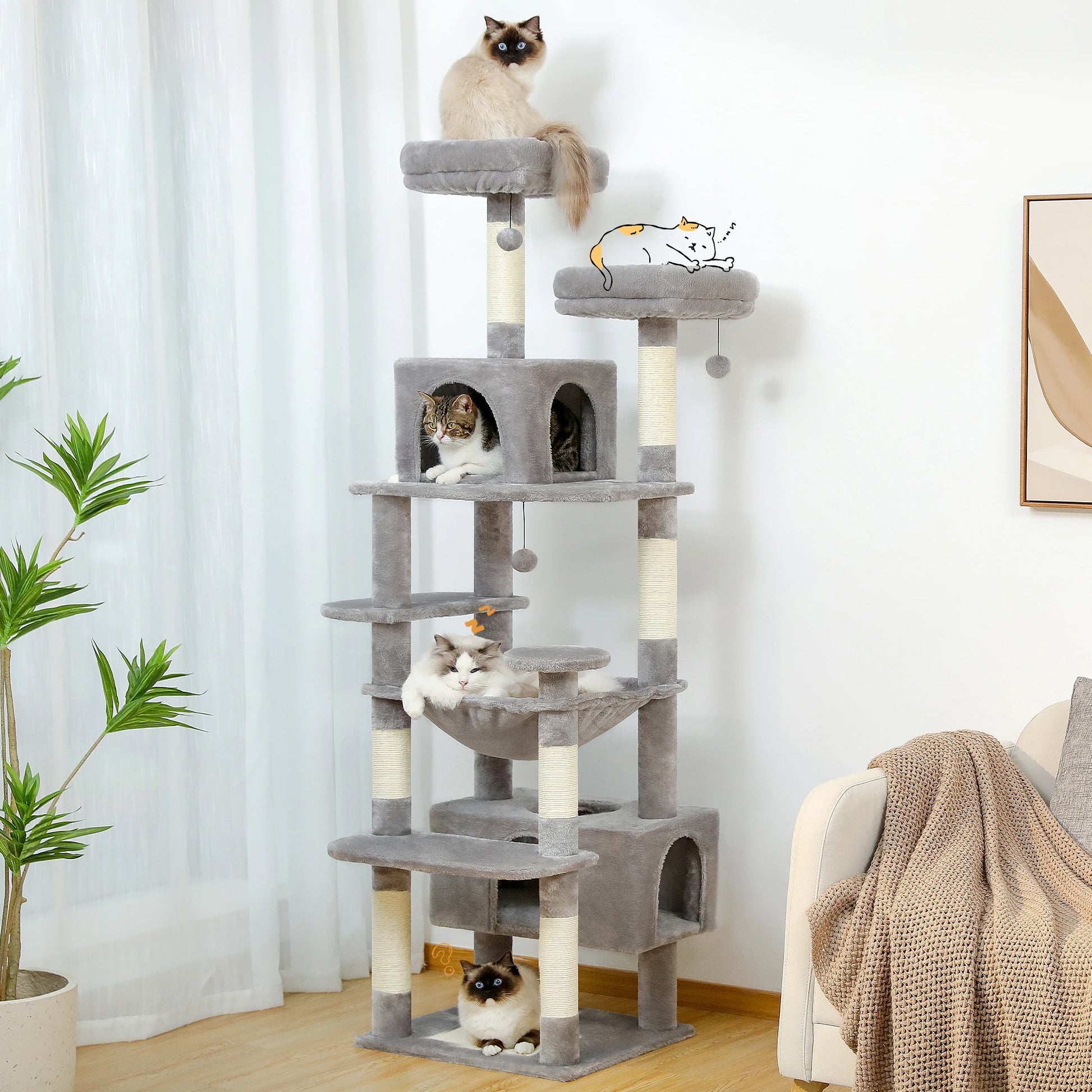184cm Large Cat Tree Tower for Indoor with Scratching Posts, Hammock, Padded Perches and Condos