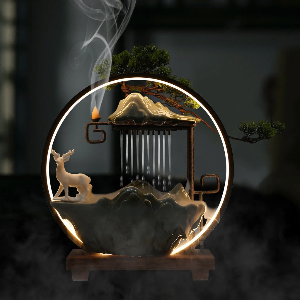 Tabletop Fountain with LED Light & Mist, Ceramic Waterfall with Deer, Vivid Plants & Animals