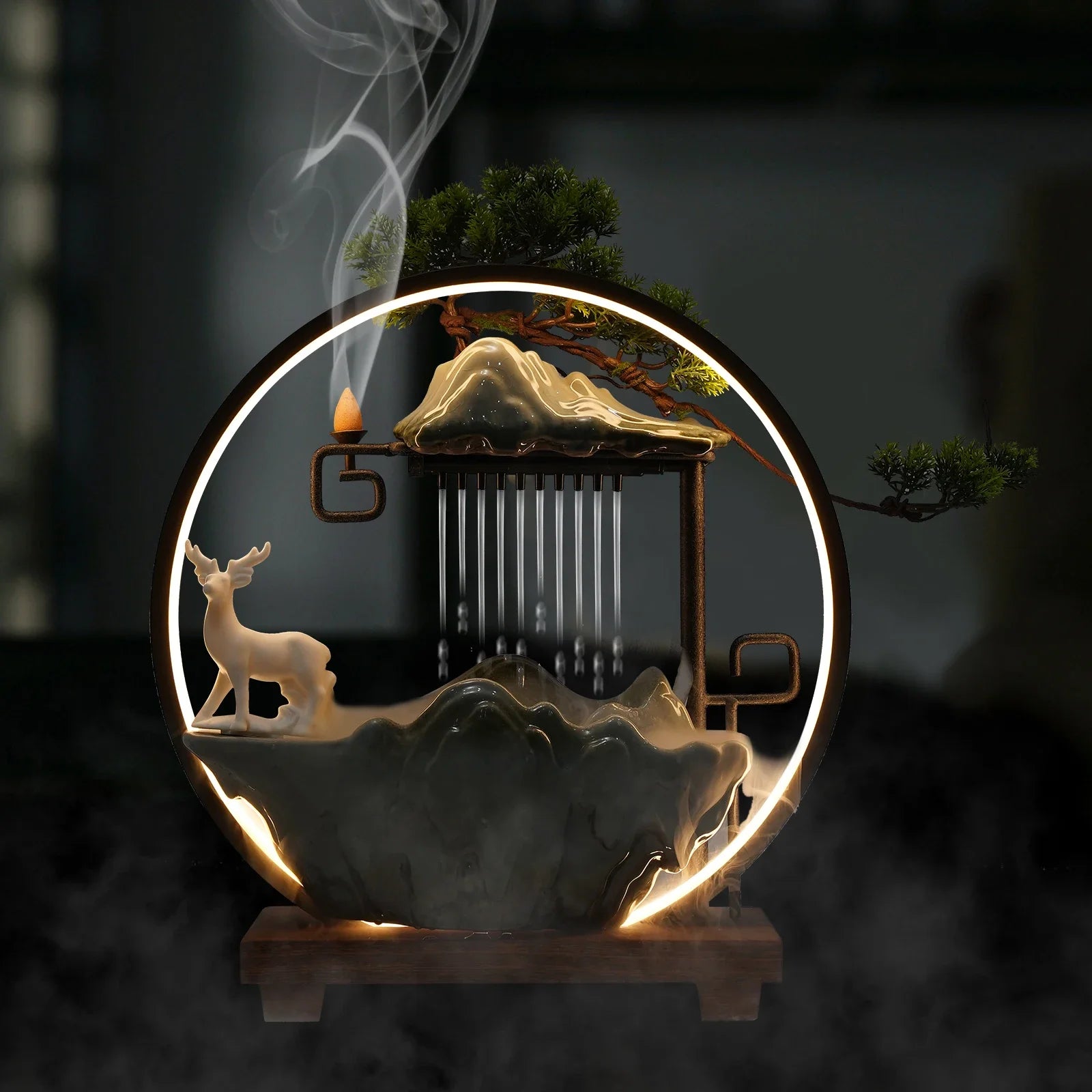 Tabletop Fountain with LED Light & Mist, Ceramic Waterfall with Deer, Vivid Plants & Animals