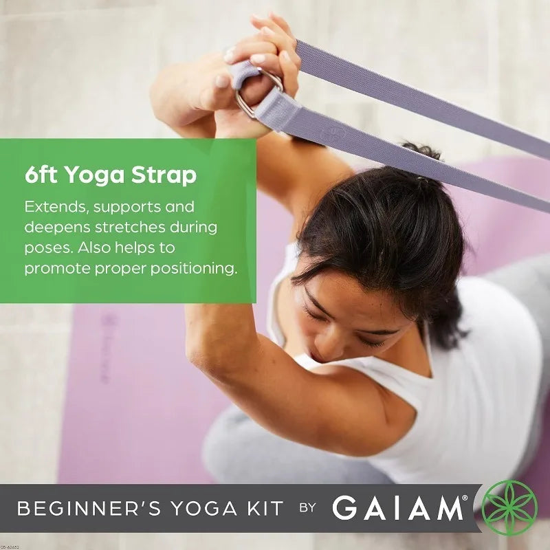 Gaiam Beginner's Yoga Starter Kit (Yoga Mat, Yoga Block, Yoga Strap) - Light 4mm Thick Printed Non-Slip