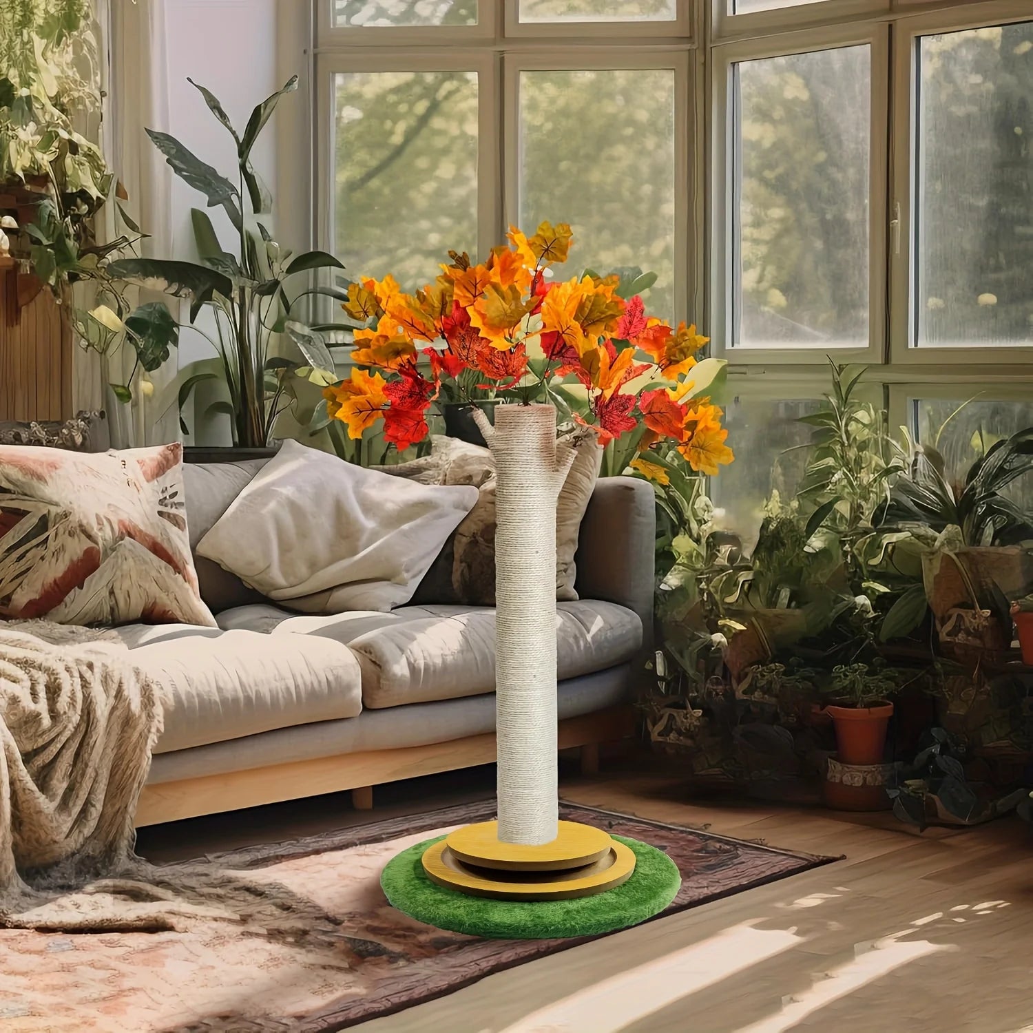 Maple Leaf Cat Scratching Post with Wooden Turntable Base Features Cat Toy Interactive Wooden Ball