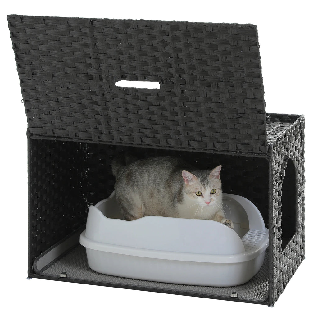 Rattan Cat Litter Box Enclosure Furniture with Door, Handwoven Hidden Litter Box, Odor Control, Cat House Bed