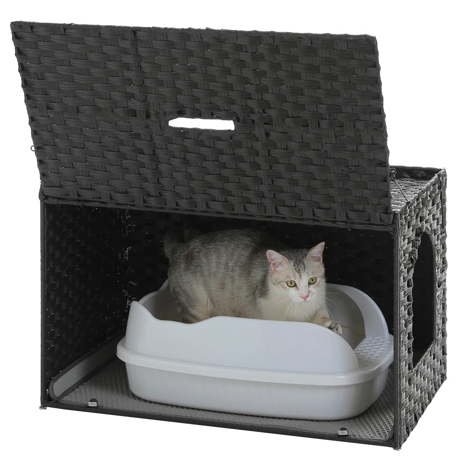 Rattan Cat Litter Box Enclosure Furniture with Door, Handwoven Hidden Litter Box, Odor Control, Cat House Bed