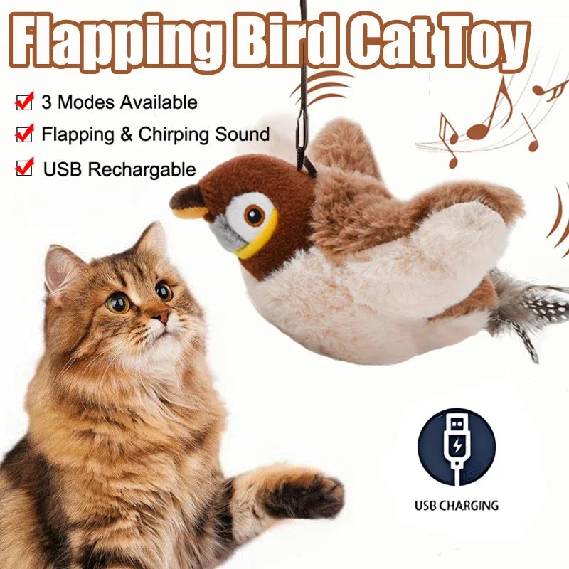 Interactive Cat Toy Flapping Bird with Catnip, Rechargeable Simulation Bird Touch Activated Fluffy Plush Toy