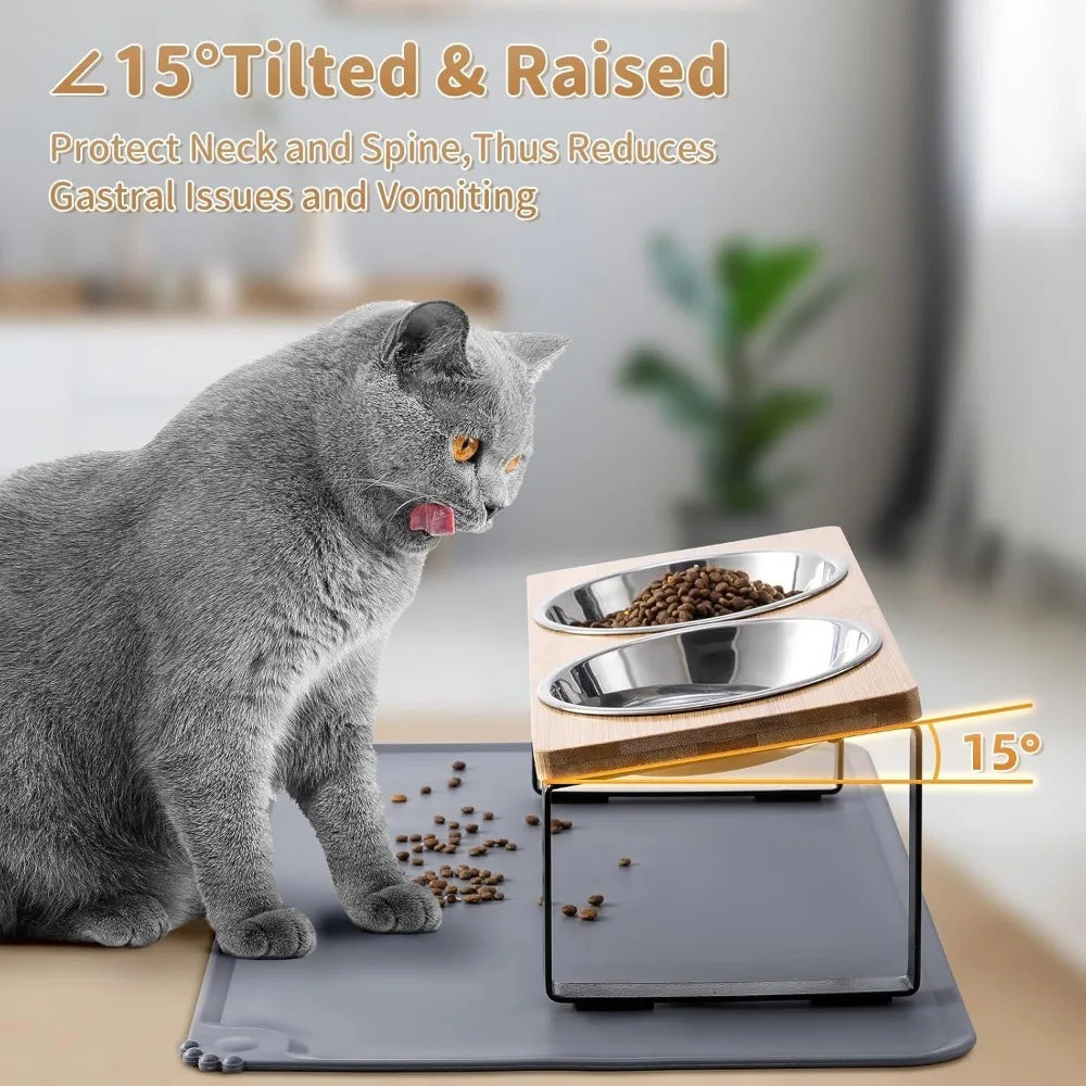 Upgraded Elevated Cat Bowls with Food Mat,15°Tilted Stand Anti Vomiting Raised Dishes for Food and Water,2 Stainless Steel B