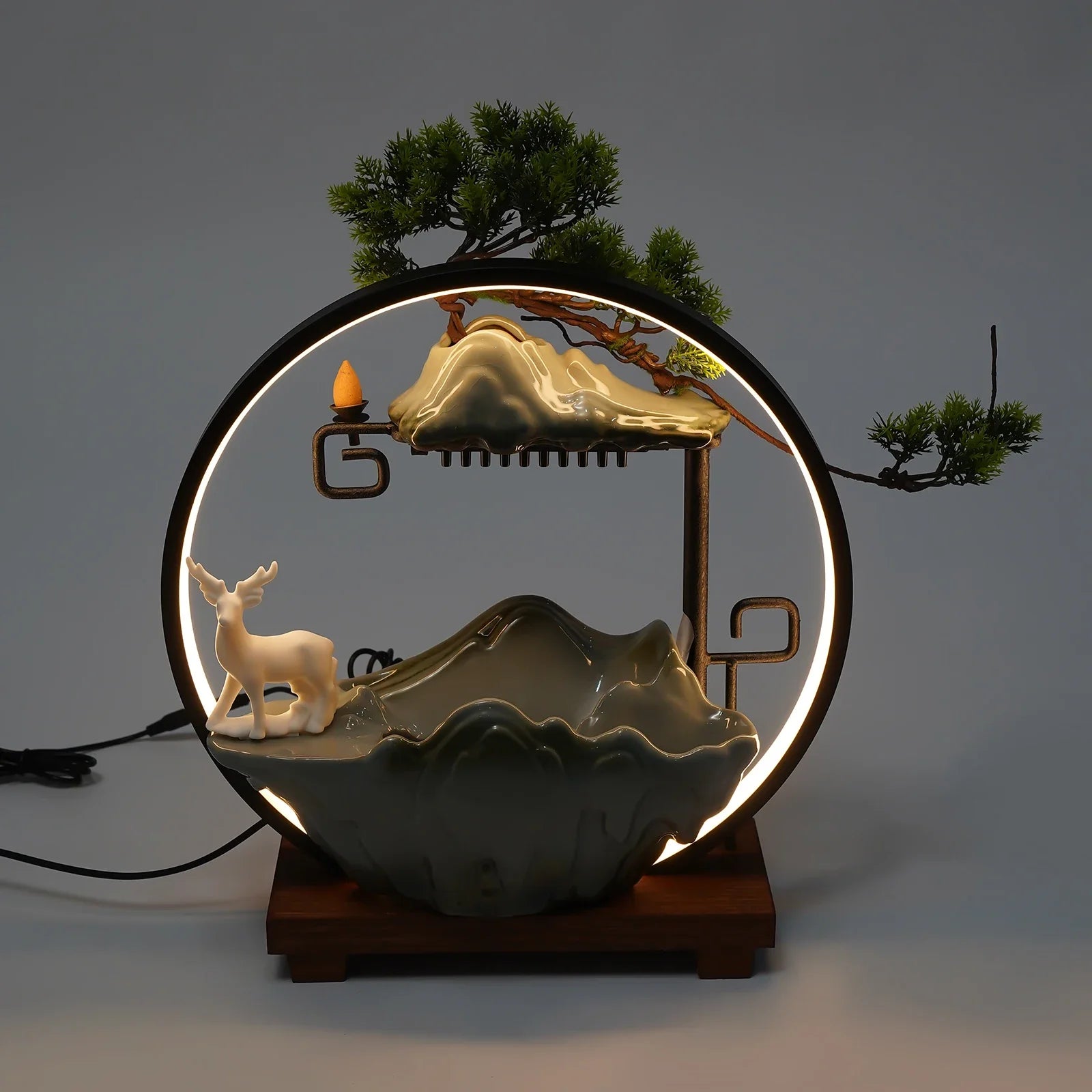 Tabletop Fountain with LED Light & Mist, Ceramic Waterfall with Deer, Vivid Plants & Animals