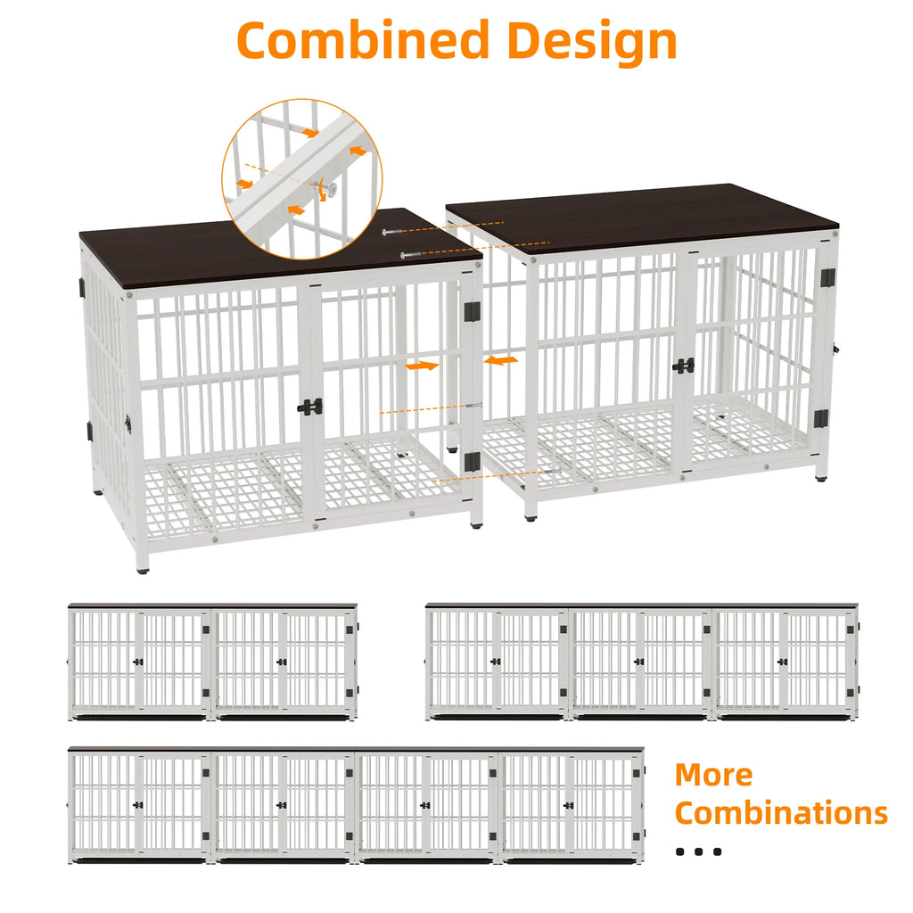BINGOPAW Dog Crate Furniture Pet Kennel End Table Metal with Three Doors with Locks and Removable Tray, White/Black