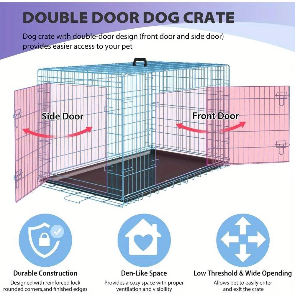 Folding wire kennel for large dog with double doors, rounded corners crate for safety