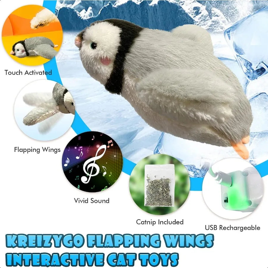 Cat Toys Flapping Wings Penguin, Chirping Bird Interactive Catnip, Touch Activated, Rechargeable