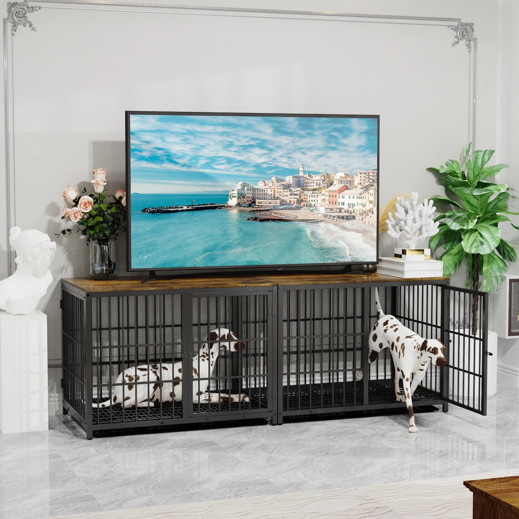 Furniture Style Dog Crate Metal and Wood, Pet Kennel End Table with Three Doors and Removable Tray