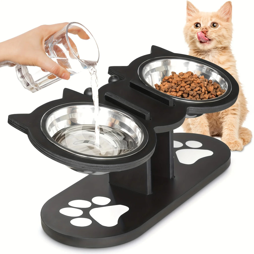 3 Bowls in 1 Cat Feeder, Feeding & Watering Bowl 15-Degree Tilt, Raised Stainless Steel Bowls Wood Brackets