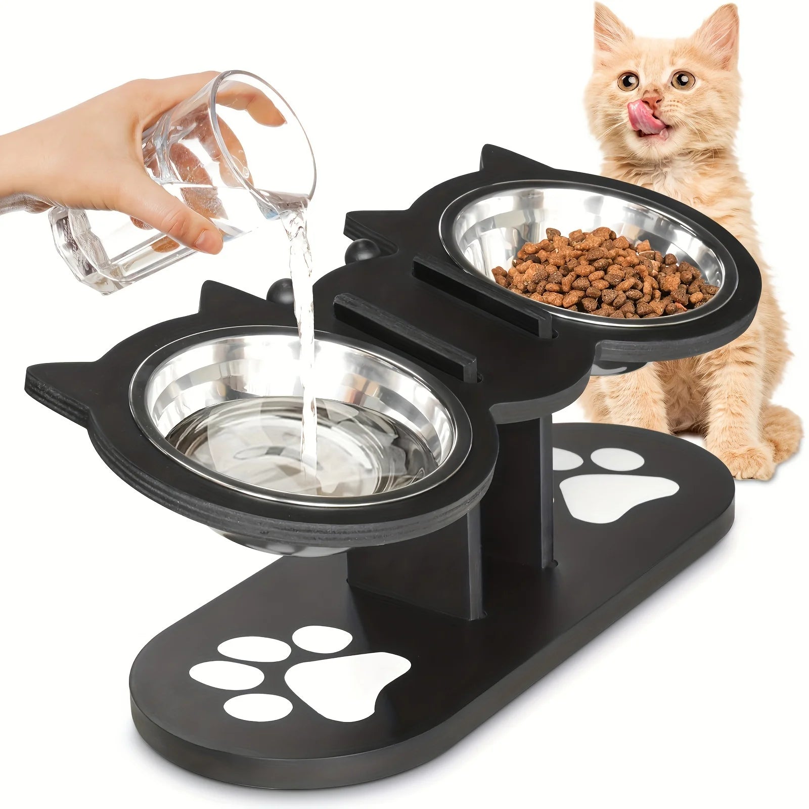 3 Bowls in 1 Cat Feeder, Feeding & Watering Bowl 15-Degree Tilt, Raised Stainless Steel Bowls Wood Brackets