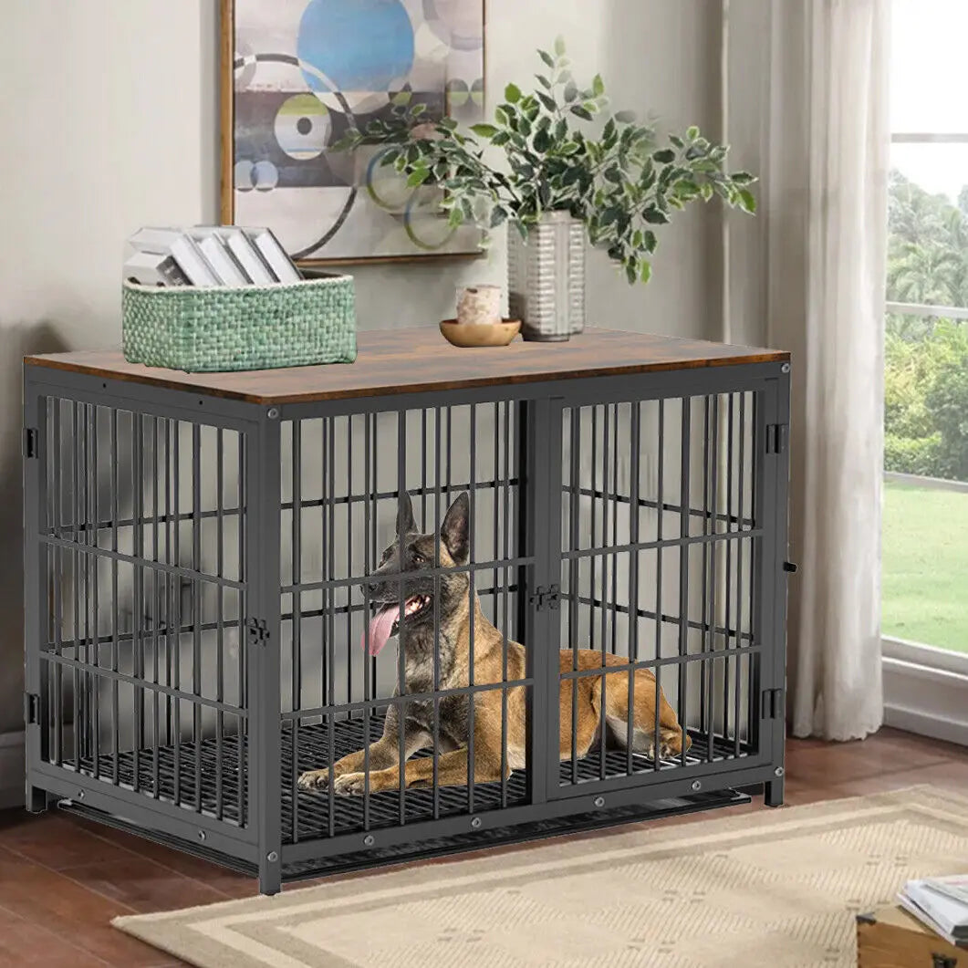 Furniture Style Dog Crate Metal and Wood, Pet Kennel End Table with Three Doors and Removable Tray