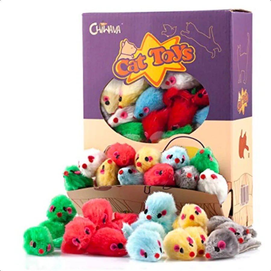 60PCS 4.1'' Furry Cat Toy Mice Rattle Small Mouse Interactive Play Assorted Color