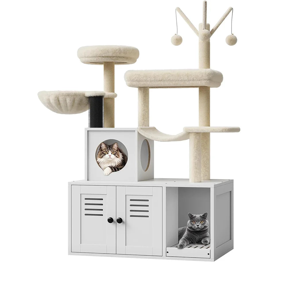 Litter Box Enclosure with Cat Tree Tower Condo for Climbing, Wooden Furniture