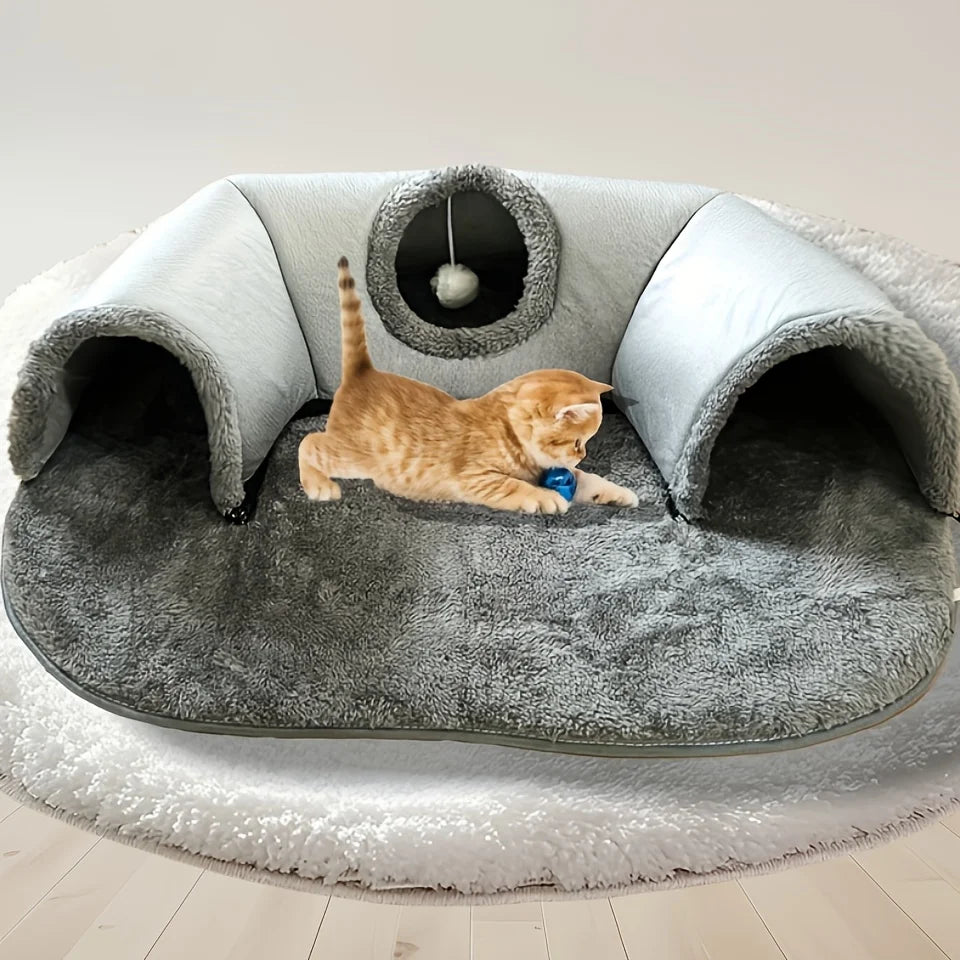 3-in-1 Cozy Cat Tunnel Bed - Play Mat & Warm Nest with Non-Slip Base
