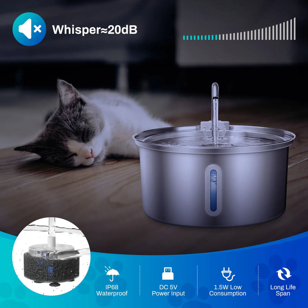 Cat Water Fountain Stainless Steel, 108oz/3.2L Fountain With Ultra Quiet Pump, Filtration System, Water Level Window