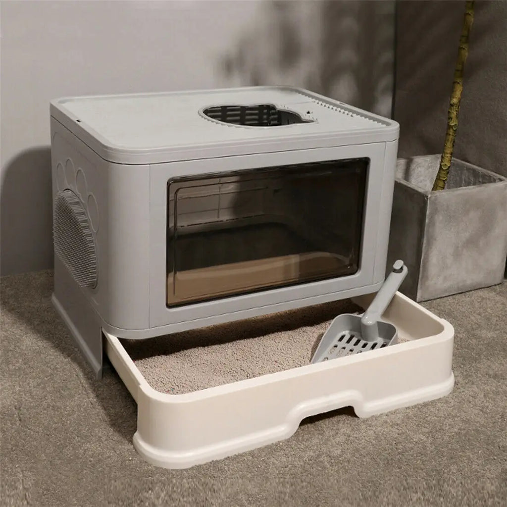 Foldable Cat Litter Box Front Entry & Top Exit with Massager, Litter Scoop Included