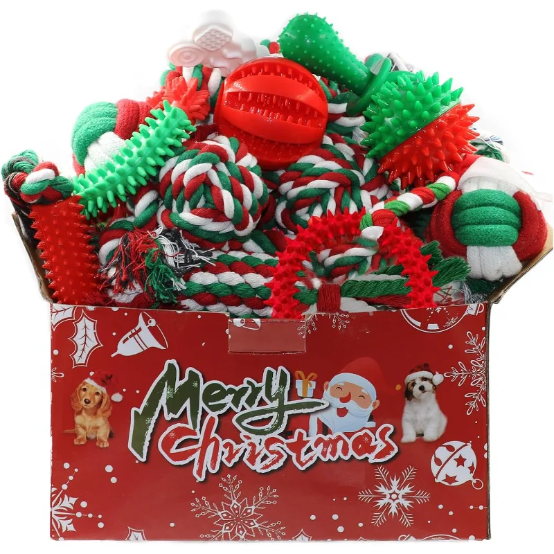 Christmas Dog Toys Bulk 15 Pack, Puppy Chew Toys for Teething Including Variety Tough Rubber and Rope Toys
