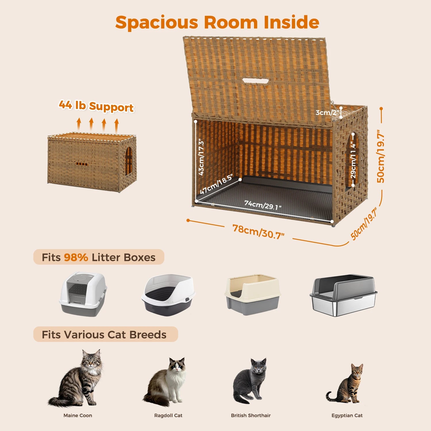 Rattan Cat Litter Box Enclosure Furniture with Door, Handwoven Hidden Litter Box, Odor Control, Cat House Bed