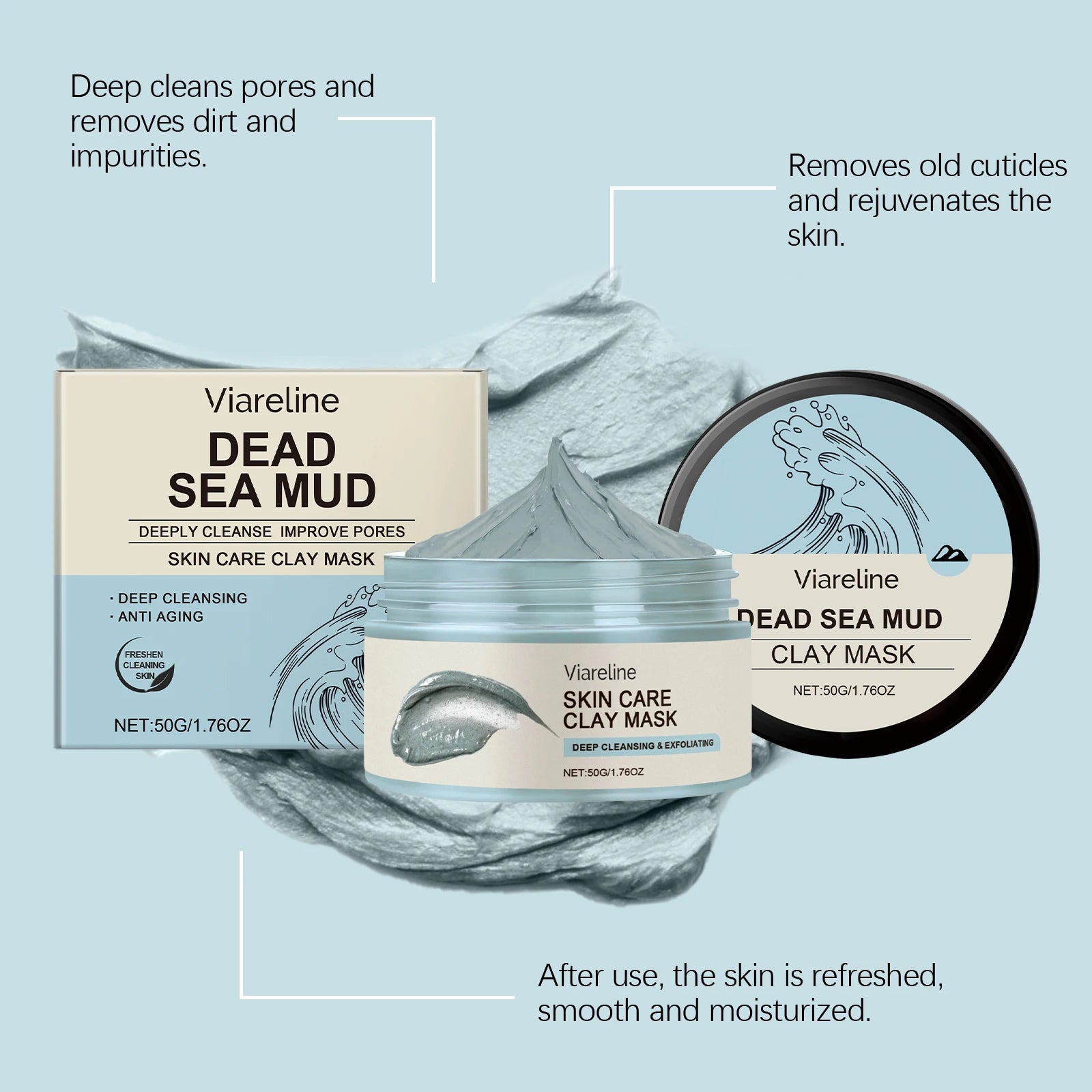 Viareline Dead Sea Mud Face Mask Pore Cleaning, Moisturizing, Exfoliating, Skin Smoothing