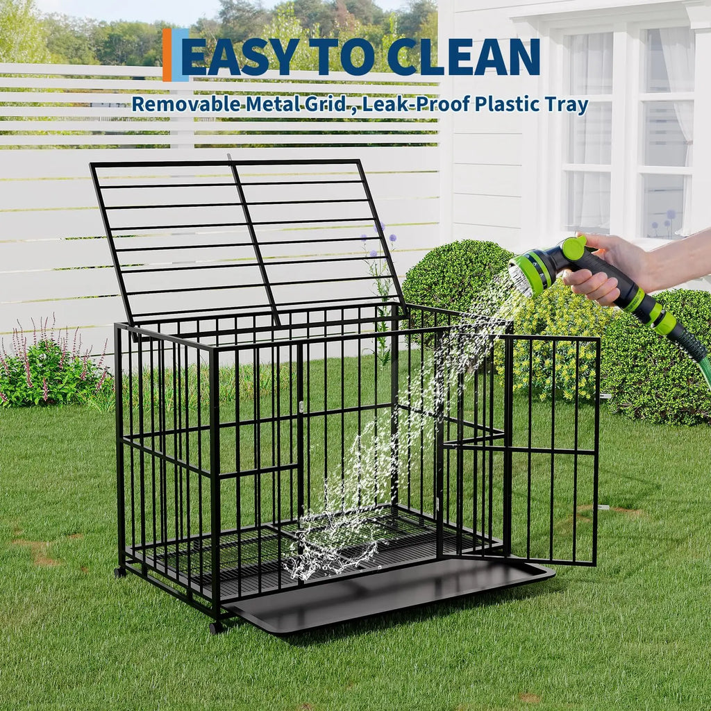 36/42/48 Inch Heavy Duty Stainless Steel Dog Crate Escape Proof, Indestructible With Wheels & Removable Tray