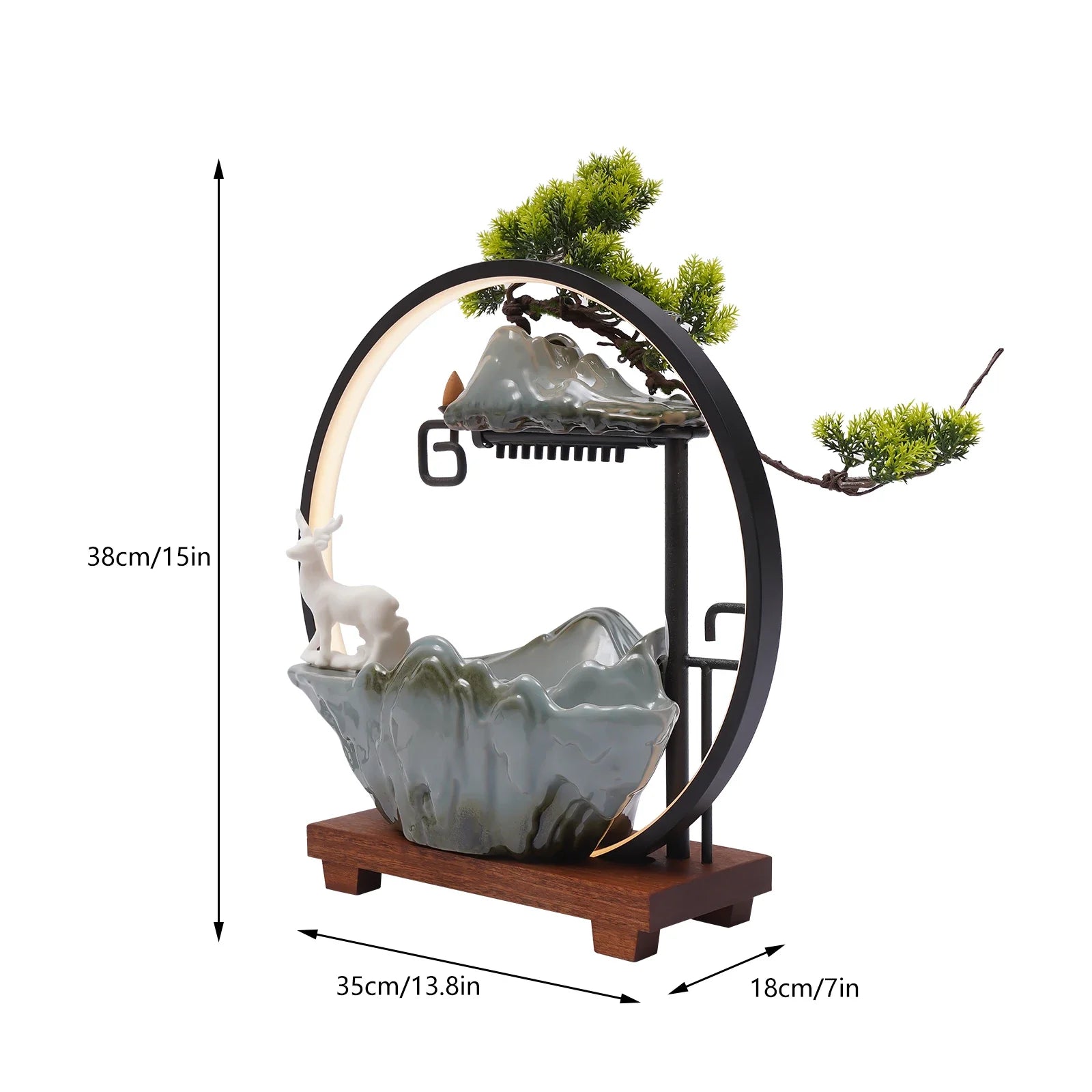 Tabletop Fountain with LED Light & Mist, Ceramic Waterfall with Deer, Vivid Plants & Animals