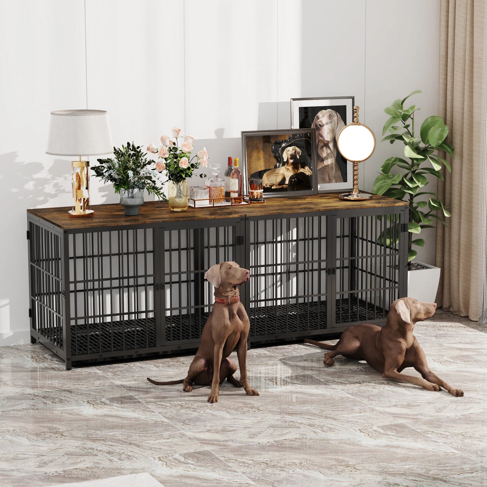 BINGOPAW Dog Crate Furniture Pet Kennel End Table Metal with Three Doors with Locks and Removable Tray, White/Black